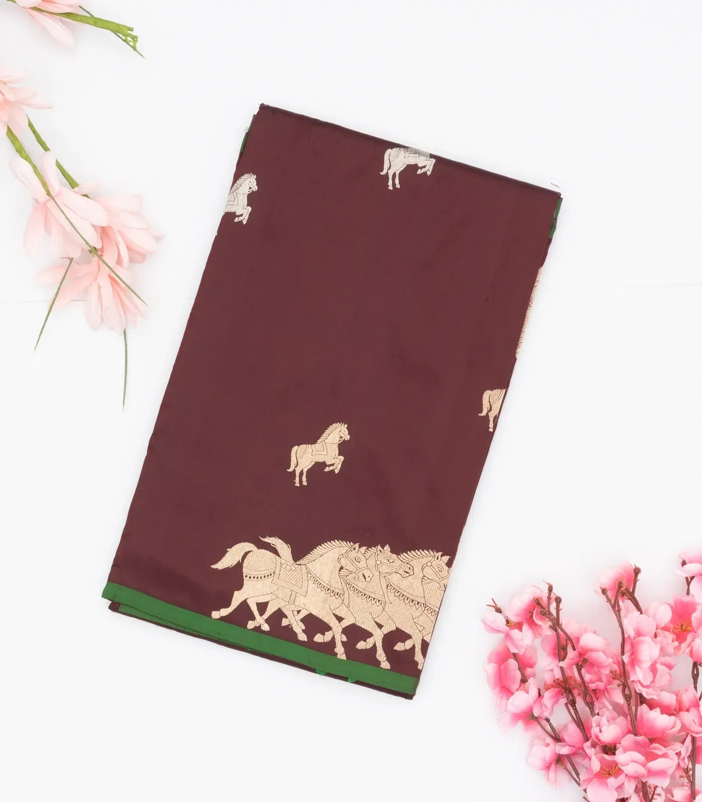 Brown Handloom Banarasi Silk Saree With Horse Buttas