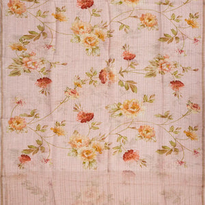 Baby Pink Handloom Linen Saree With Printed Floral Motifs & Stripes