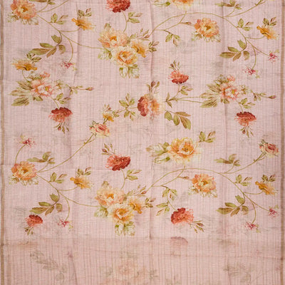 Baby Pink Handloom Linen Saree With Printed Floral Motifs & Stripes