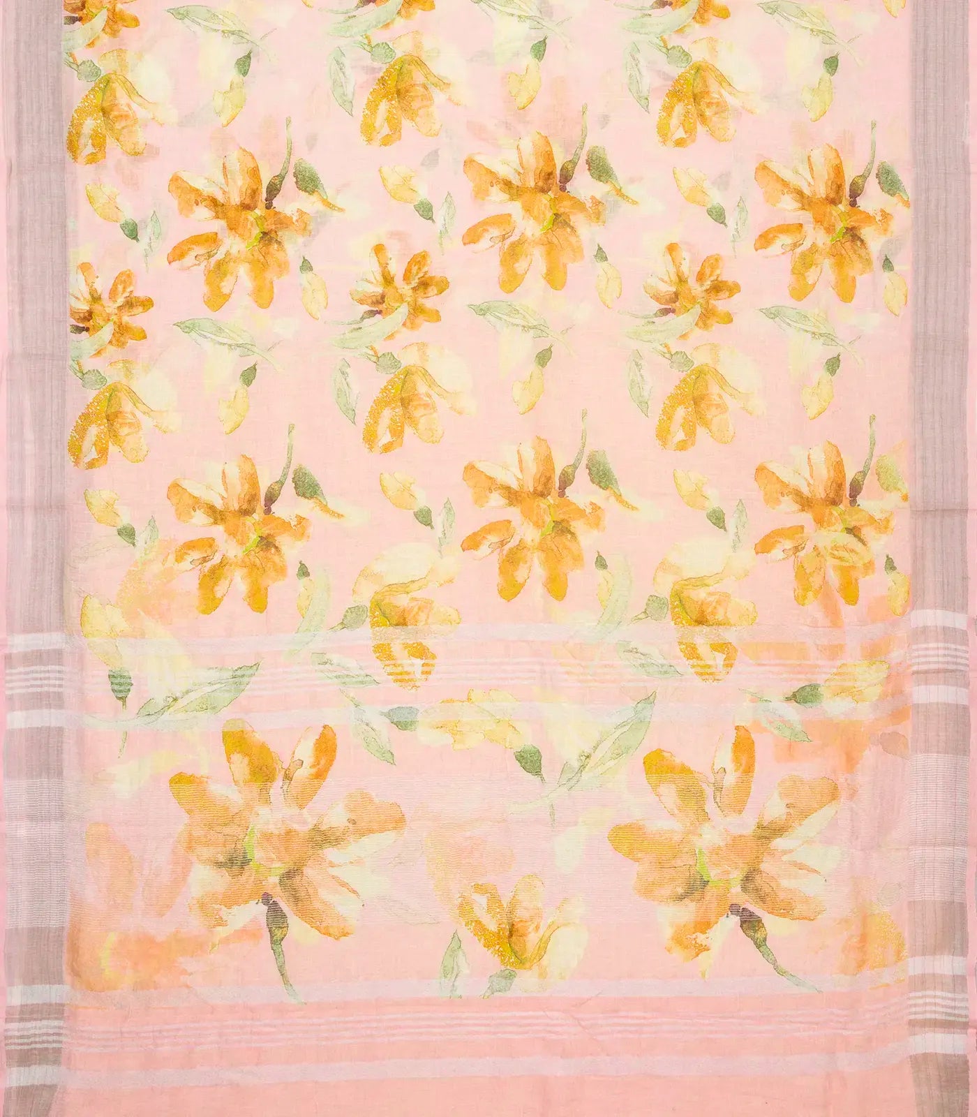 Bubblegum Pink Handloom Linen Saree With Printed Motifs