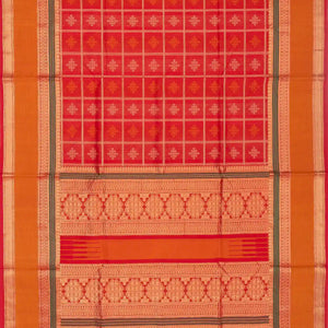 Red Handloom Silk Cotton Saree With Kolam Motifs in Checks