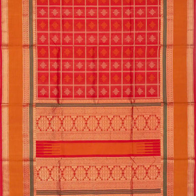 Red Handloom Silk Cotton Saree With Kolam Motifs in Checks