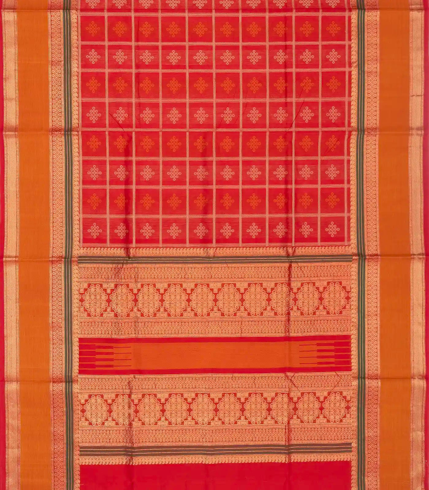 Red Handloom Silk Cotton Saree With Kolam Motifs in Checks