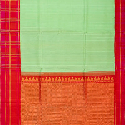 Pista Green Handloom Soft Silk Saree With Stripes & Contrast Red Border