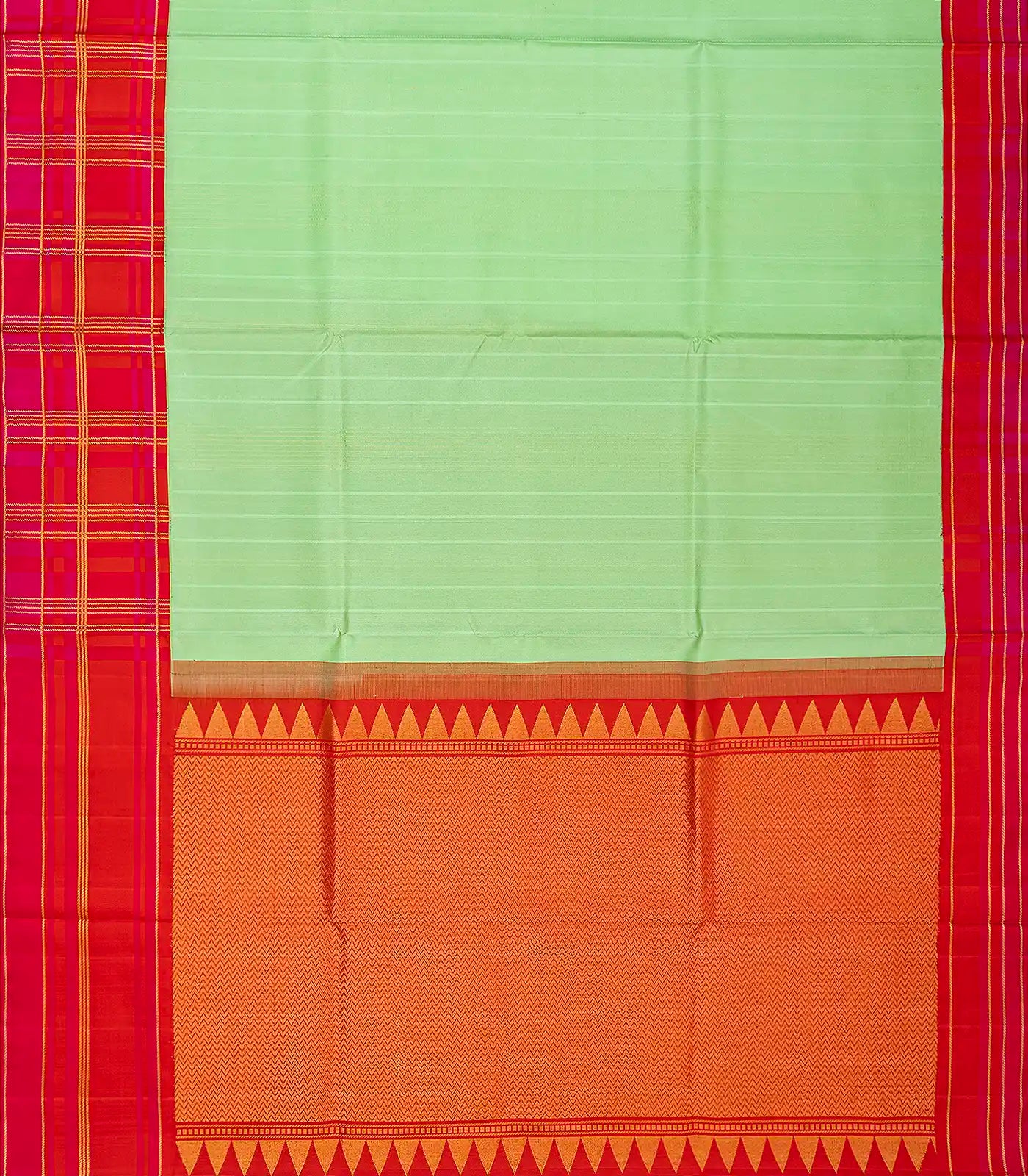 Pista Green Handloom Soft Silk Saree With Stripes & Contrast Red Border