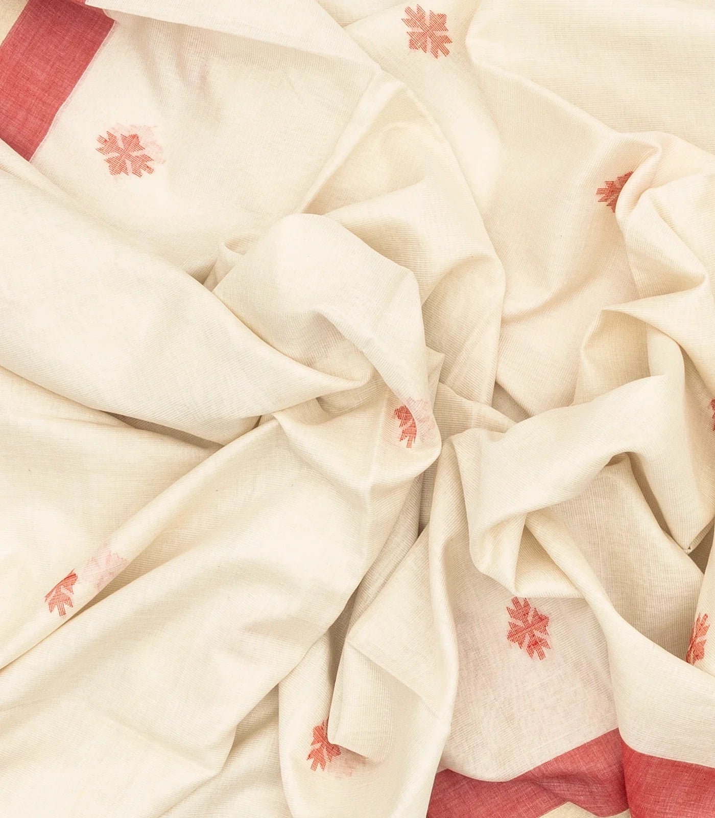 White Handloom Bengal Cotton Saree With Stripes & Buttas