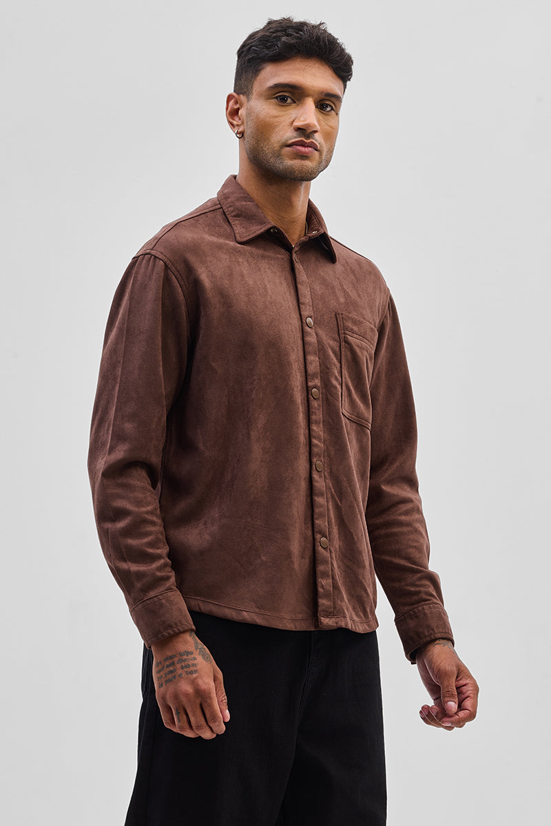 Brown Suede Snap Button Overshirt