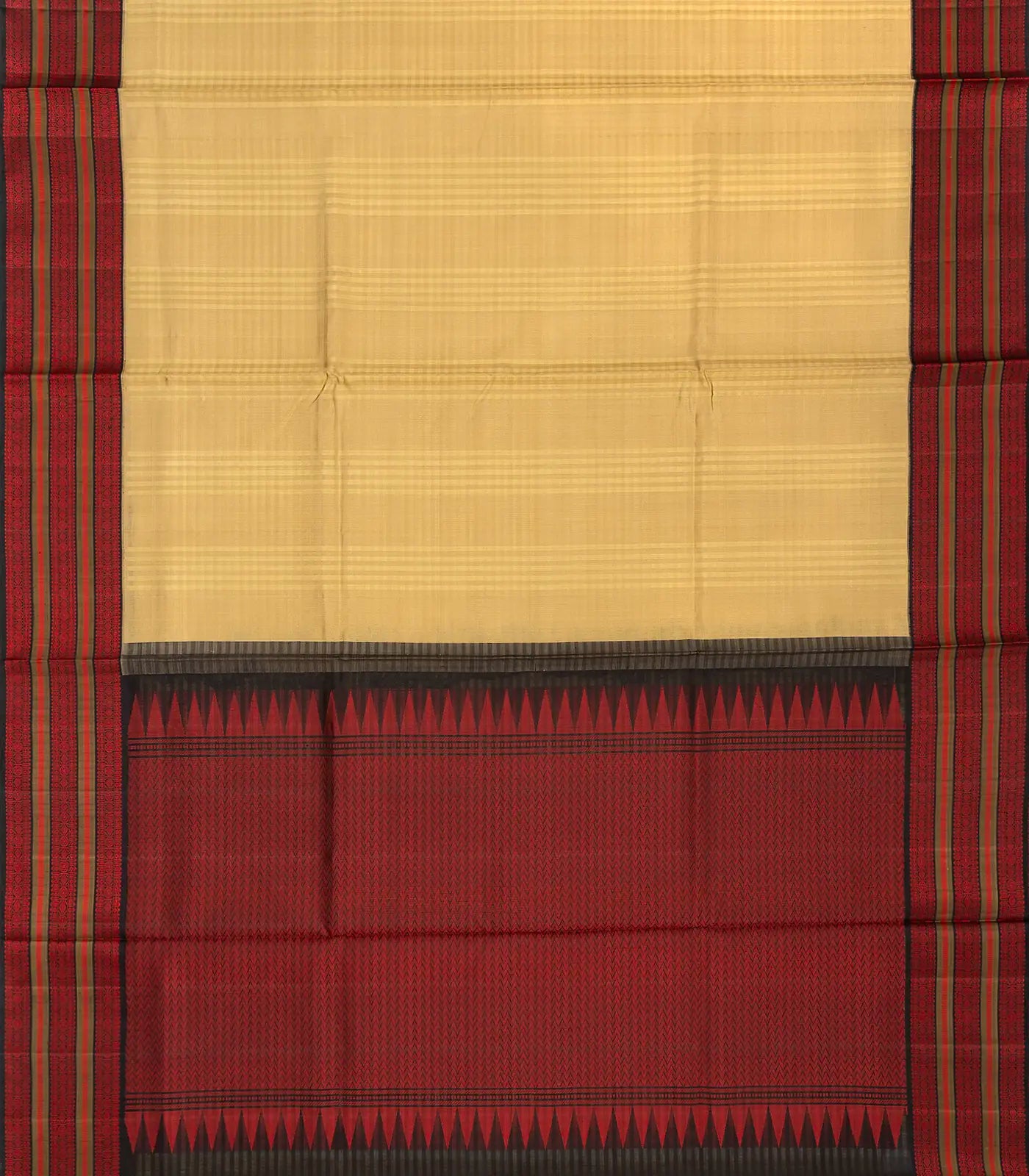 Beige Handloom Kora Silk Saree With Checks & Black Border