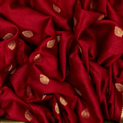 Crimson Mysore Crepe Silk Saree With Floral Motifs & Contrast Border