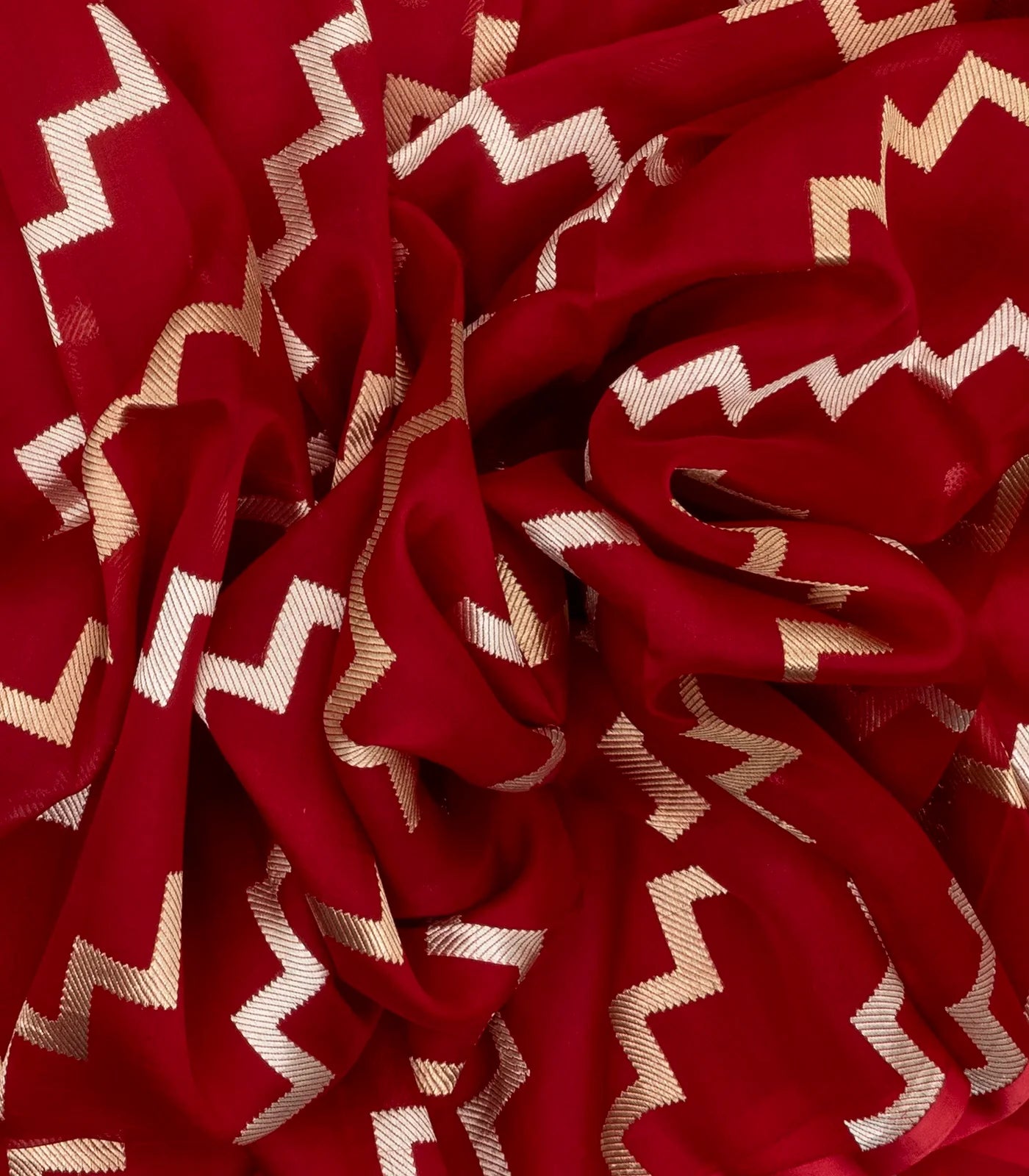 Red Woven Organza Silk Saree With Chevron Motifs