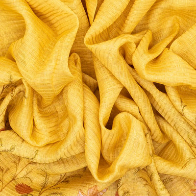 Gold Handwoven Linen Saree Printed With Floral Motifs