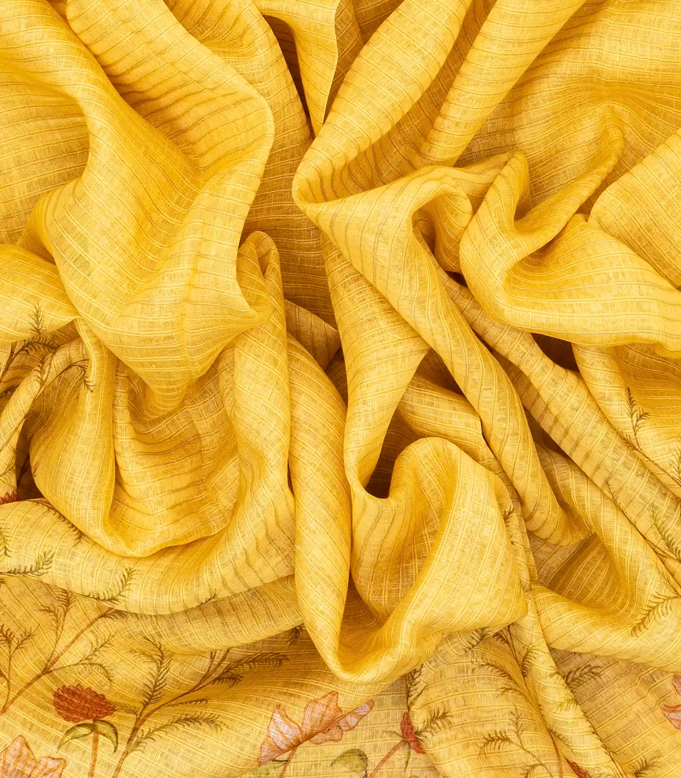 Gold Handwoven Linen Saree Printed With Floral Motifs