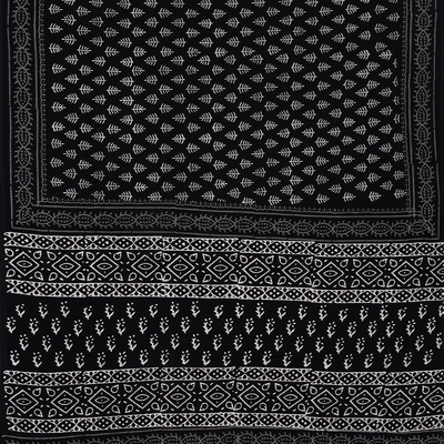 Black Woven Jaipur Cotton Saree Printed With White Floral Motifs