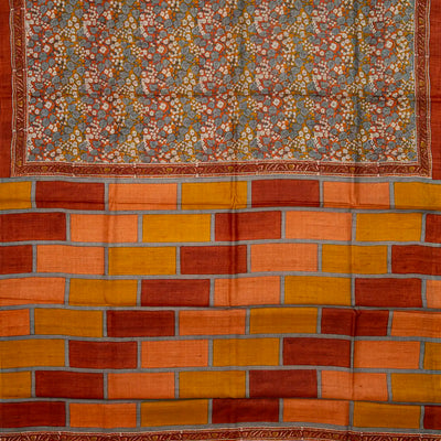 Rust Handloom Tussar Silk Saree With Printed Floral Motifs