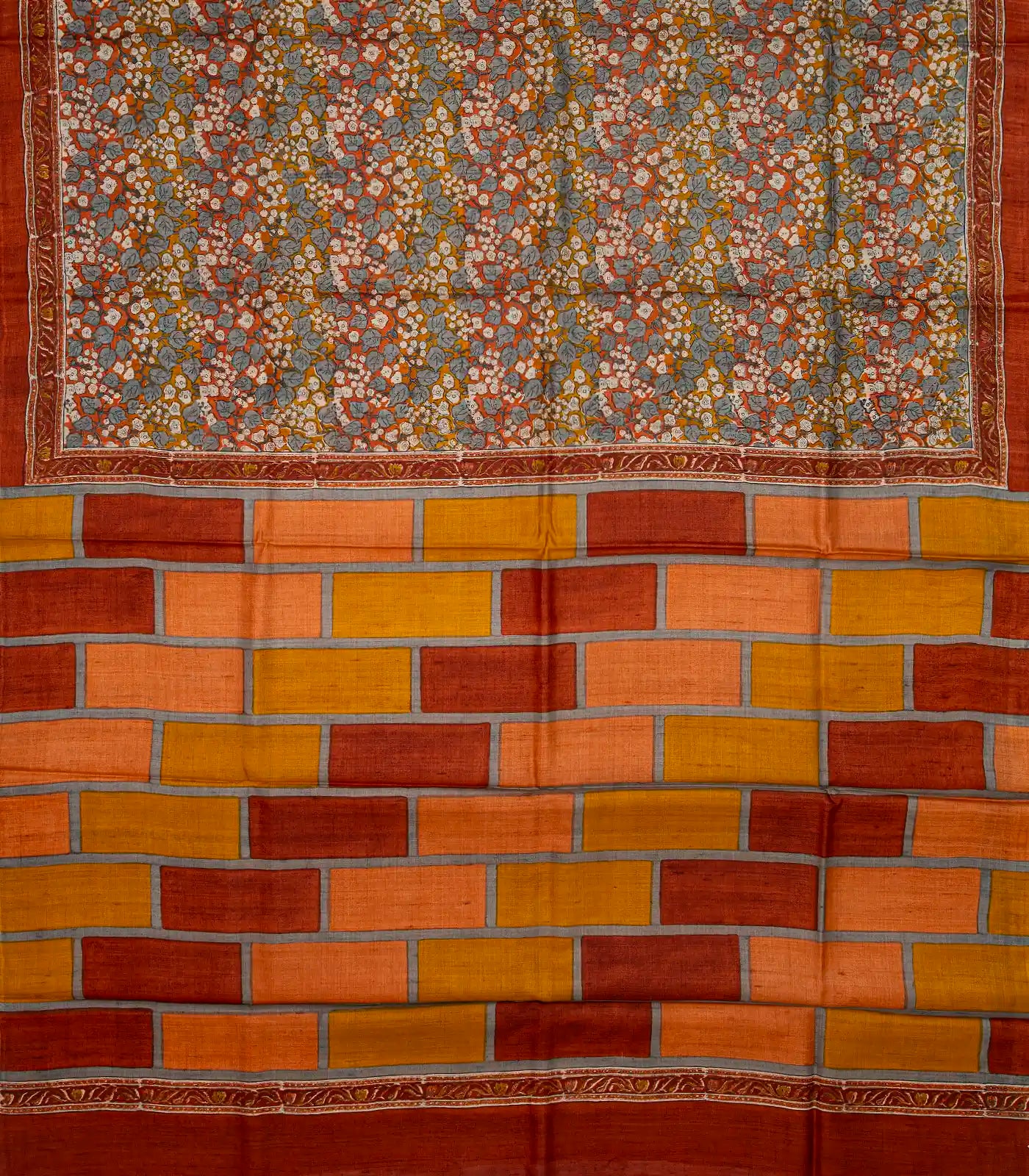 Rust Handloom Tussar Silk Saree With Printed Floral Motifs