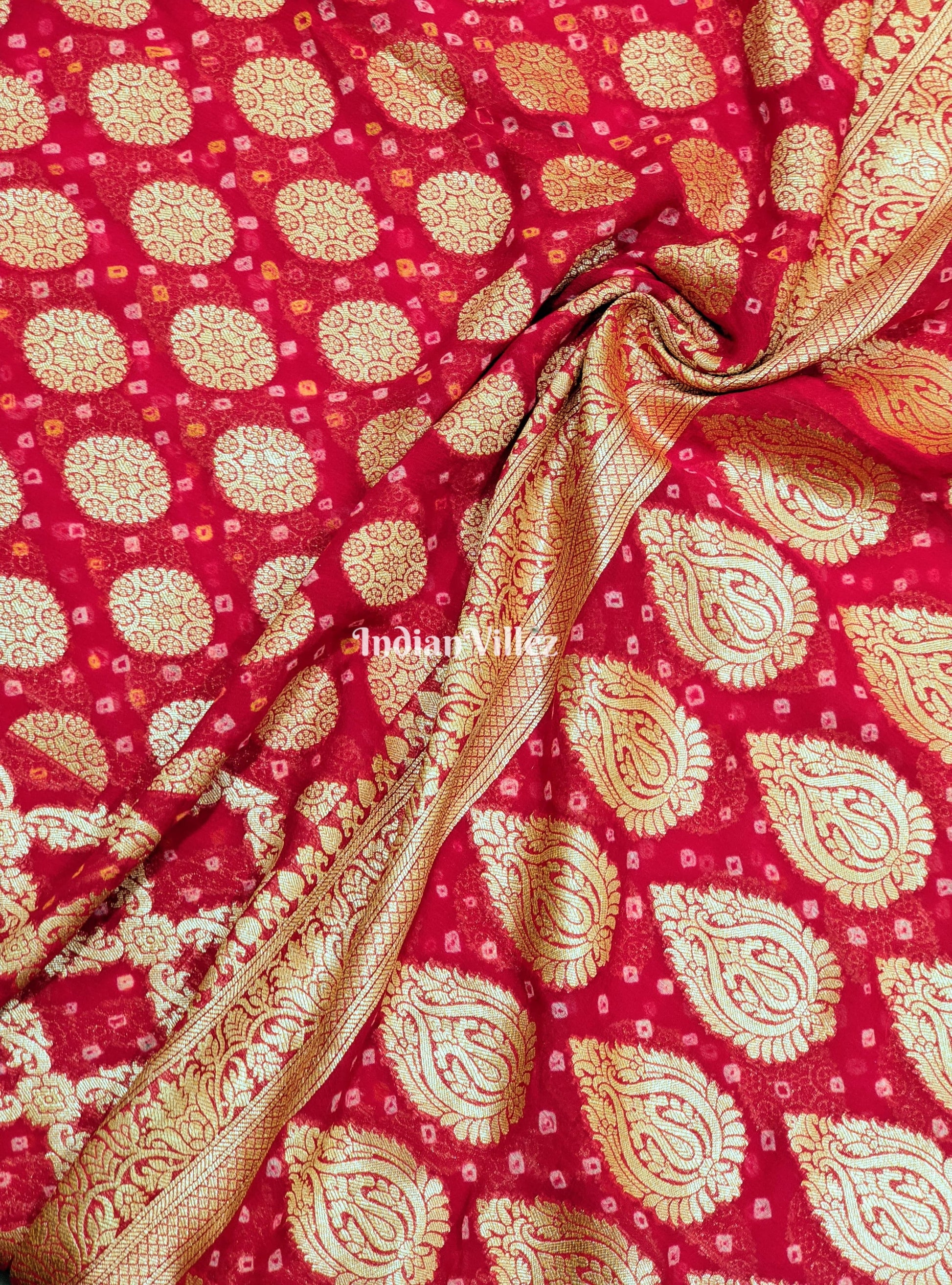 Red Pure Khaddi Georgette Banarasi Silk Saree