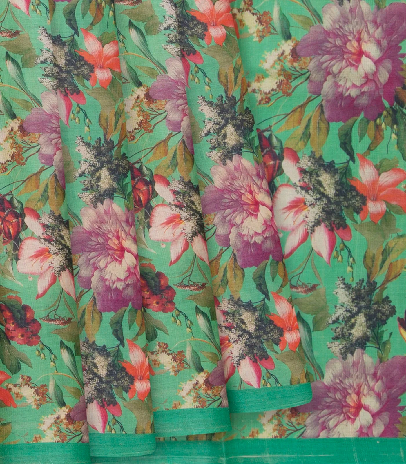 Green Handloom Printed Tussar Silk Saree With Floral Motifs-Green