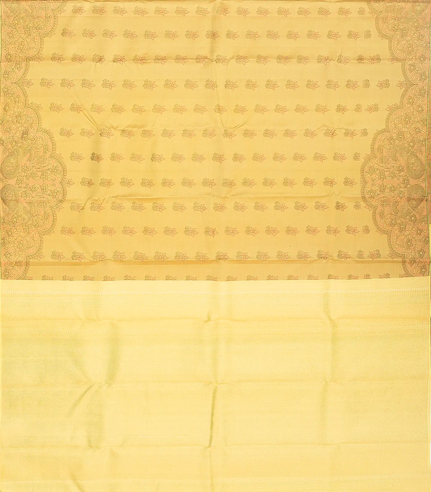 Gold Handloom Kanchipuram Silk Saree With Floral Motifs