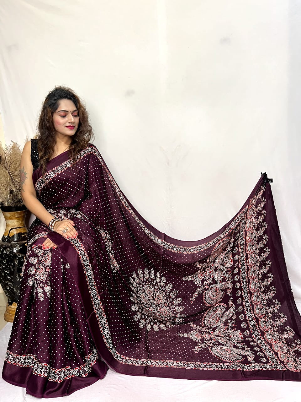 Modal Silk Ajrakh Bandhani Print Silk Saree