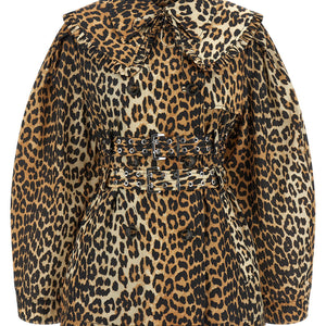 Ganni Leopard Duchesse Nylon Short Trench Coat