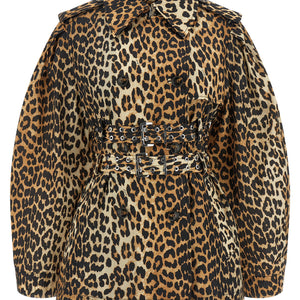 Ganni Leopard Duchesse Nylon Short Trench Coat