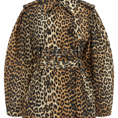 Ganni Leopard Duchesse Nylon Short Trench Coat