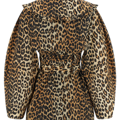Ganni Leopard Duchesse Nylon Short Trench Coat