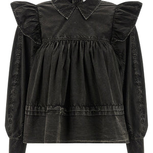 Ganni Black Washed Frill Blouse