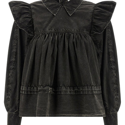 Ganni Black Washed Frill Blouse