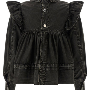 Ganni Black Washed Frill Blouse