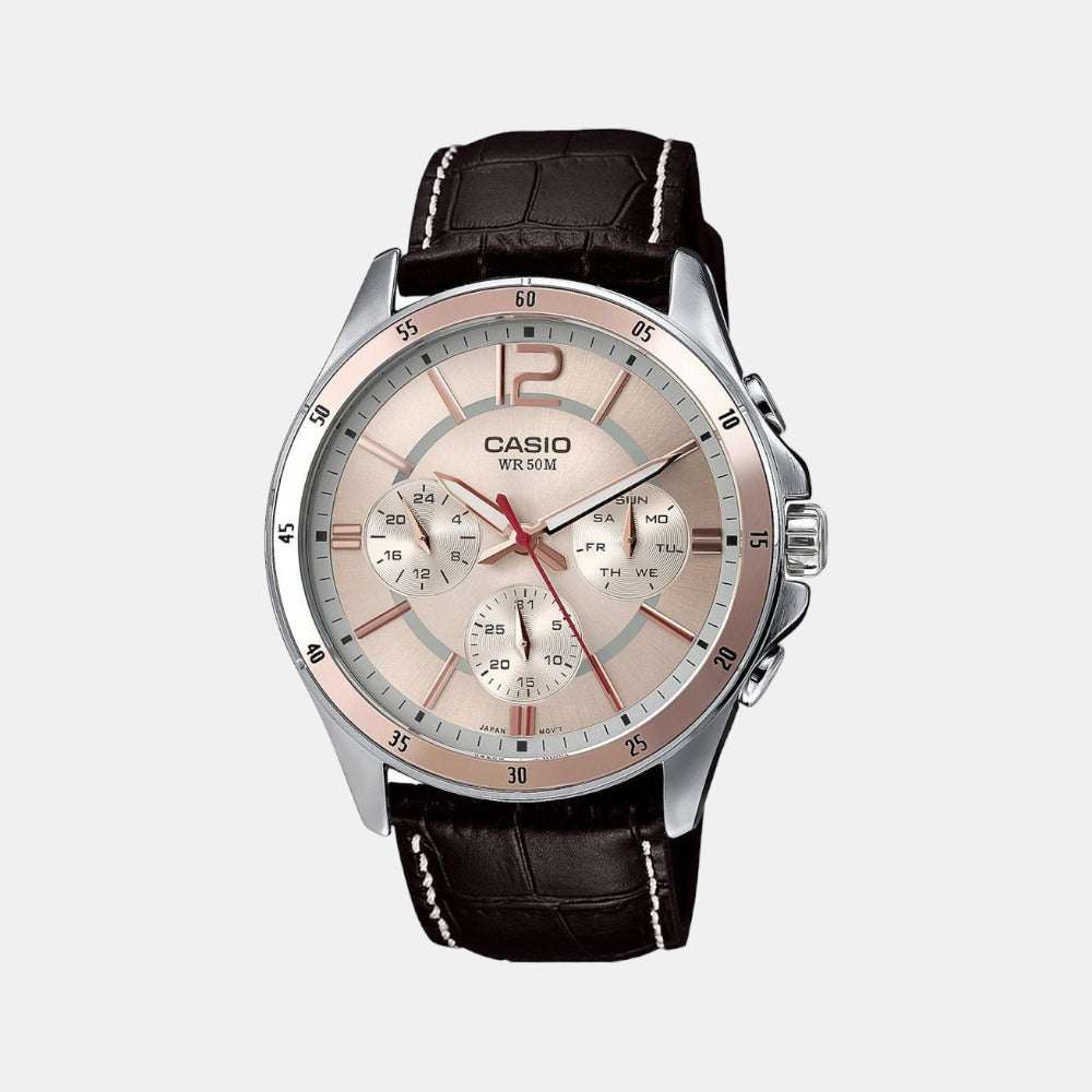 Enticer Men Quartz Rose Gold Dial Chronograph Leather Watch A1887