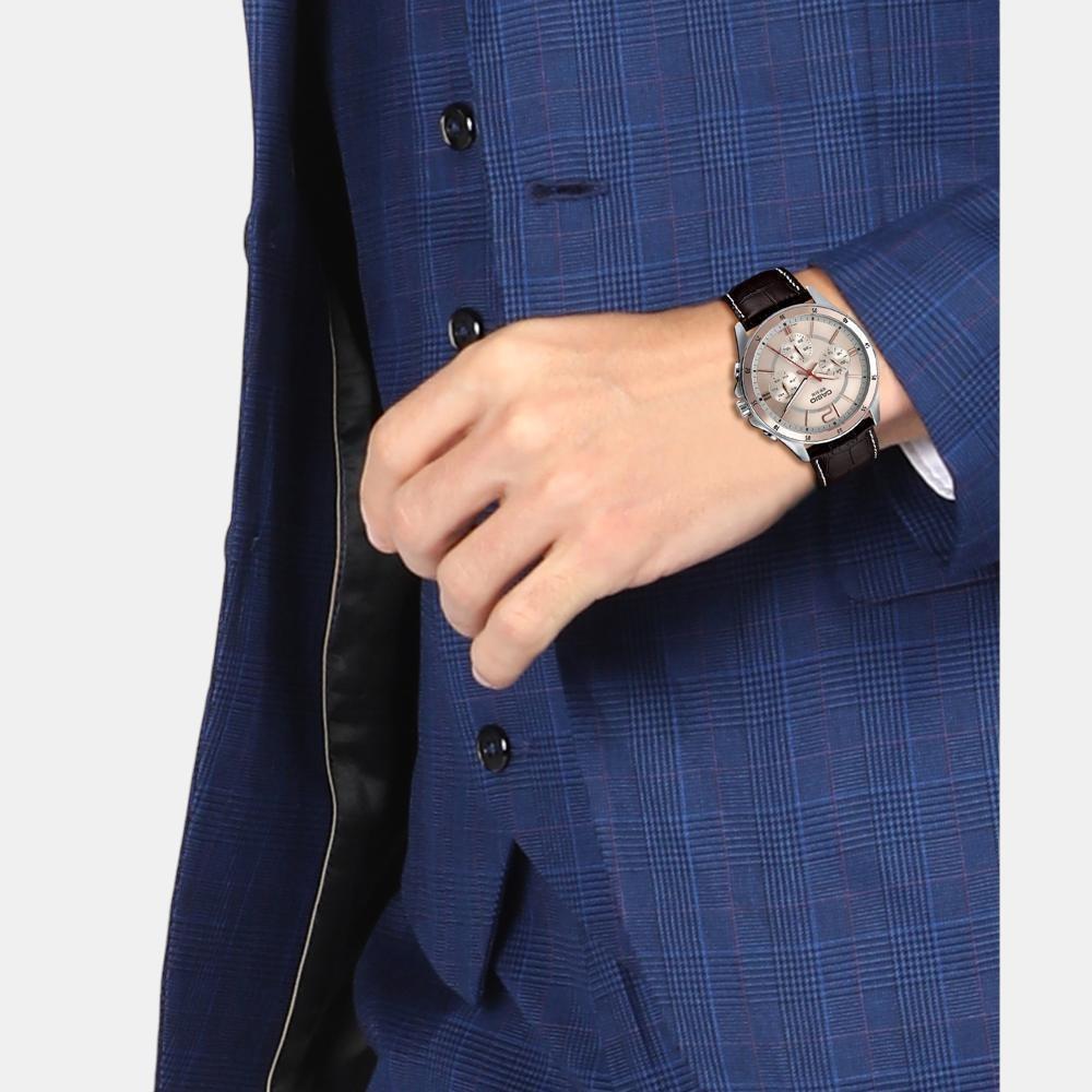 Enticer Men Quartz Rose Gold Dial Chronograph Leather Watch A1887