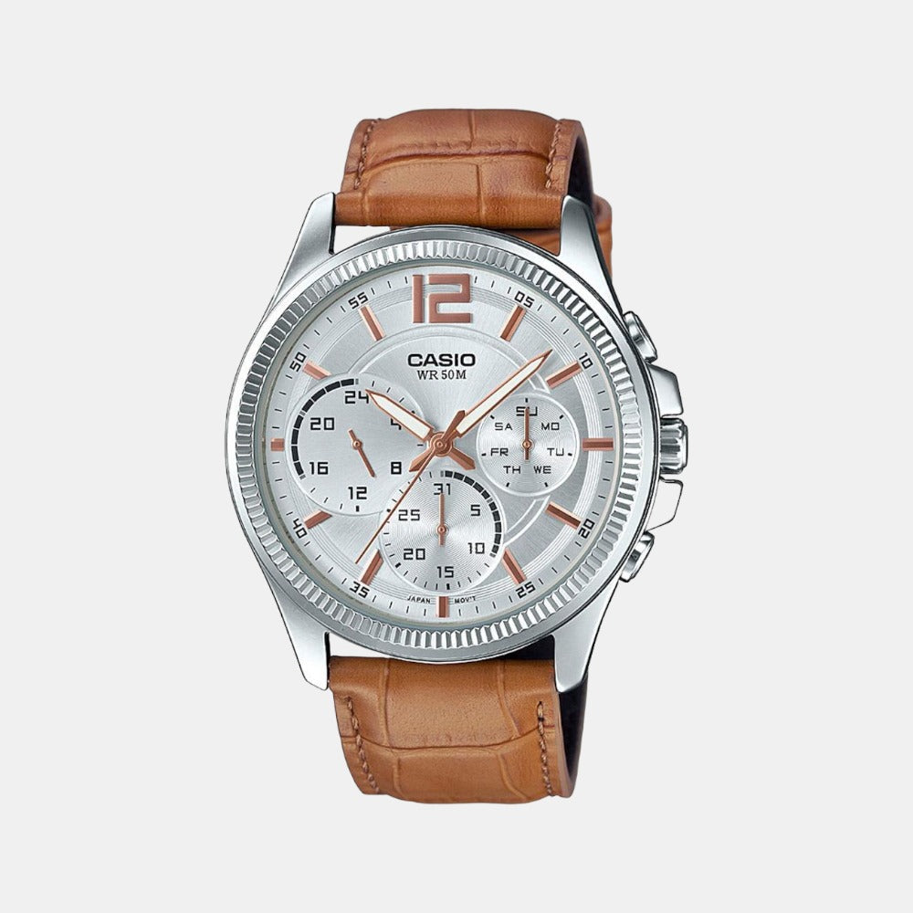 Enticer Men Quartz Silver Dial Chronograph Leather Watch A1890
