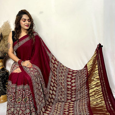 Modal fine Silk Hand Blocked Ajrakh work Saree