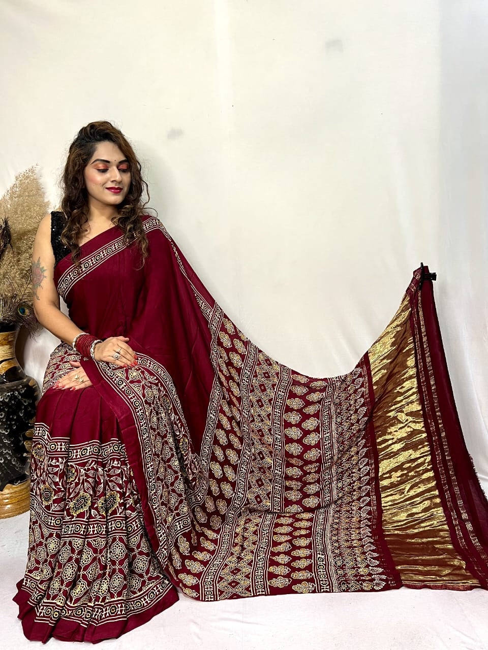 Modal fine Silk Hand Blocked Ajrakh work Saree
