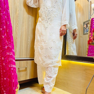 Mirror work Chikankari Kurti with Bandhani Dupatta Pant Set