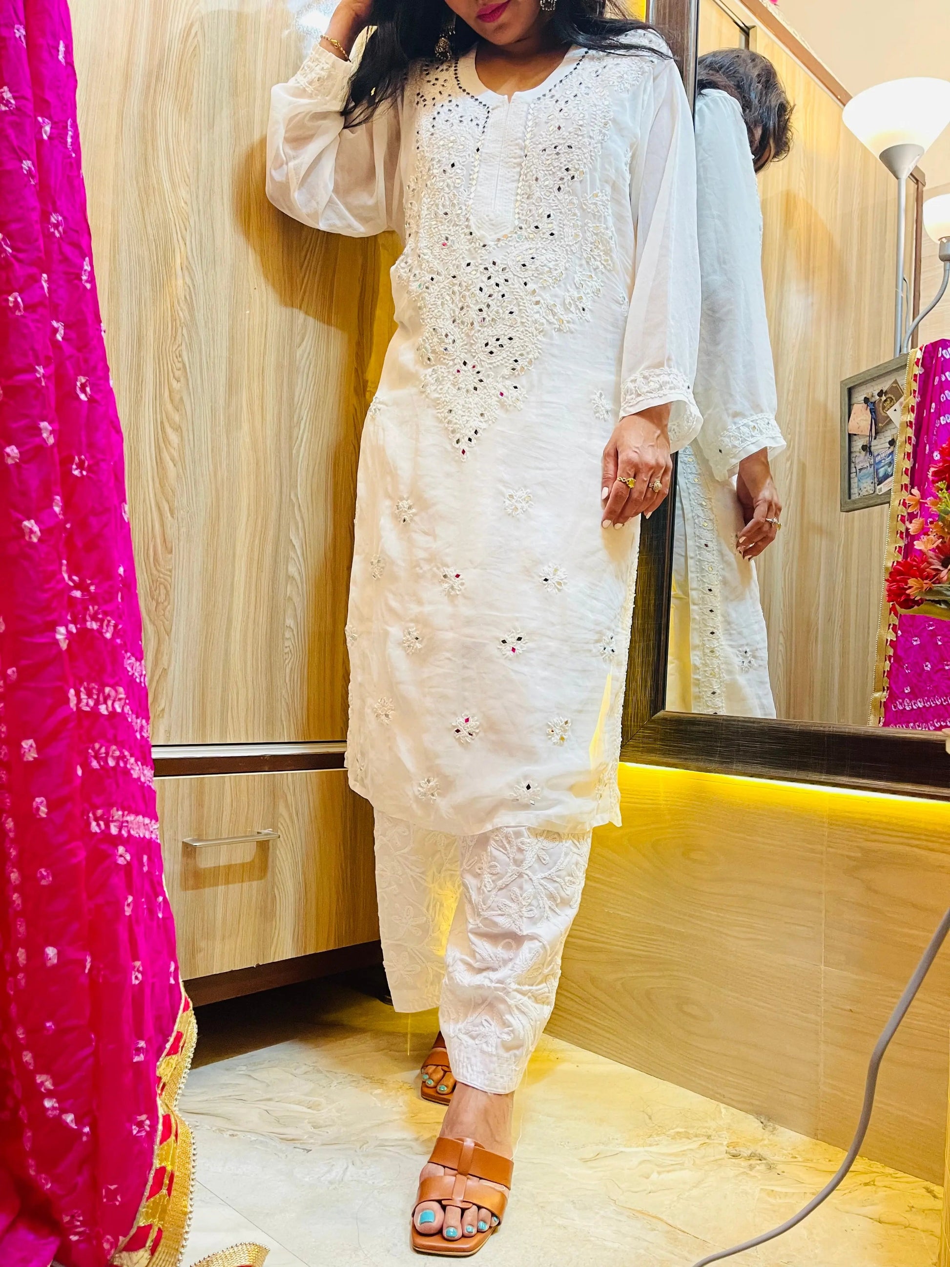 Mirror work Chikankari Kurti with Bandhani Dupatta Pant Set