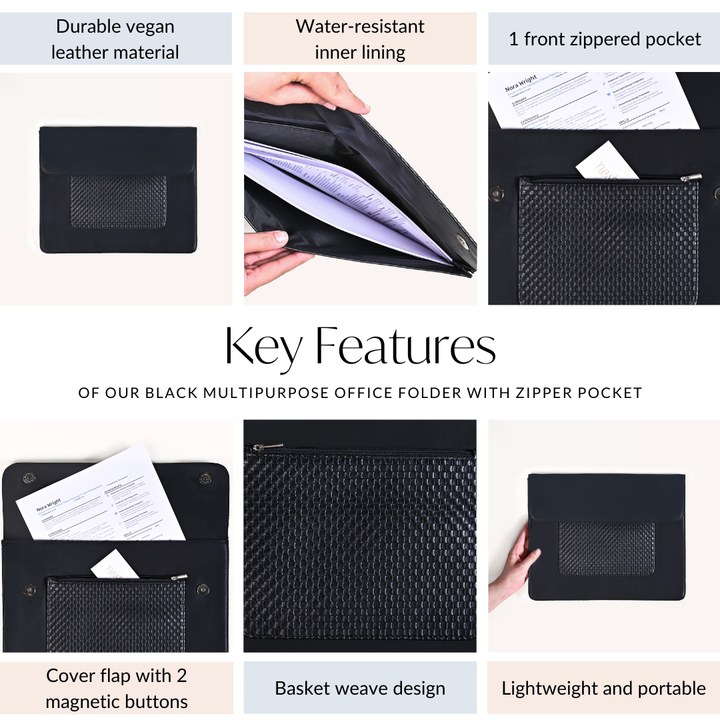 Black Multipurpose Office Folder With Zipper Pocket