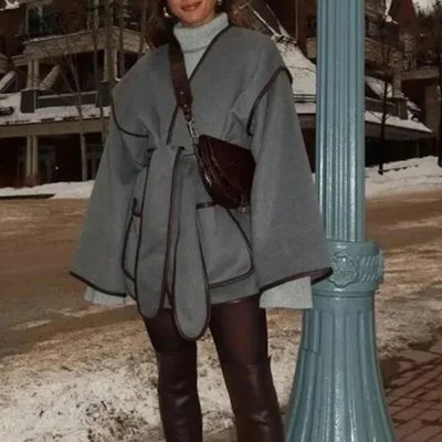 Kara Statement Woolen Overcoat with Belt In Grey