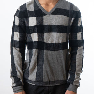 Burberry Check Wool Blend V-Neck Sweater