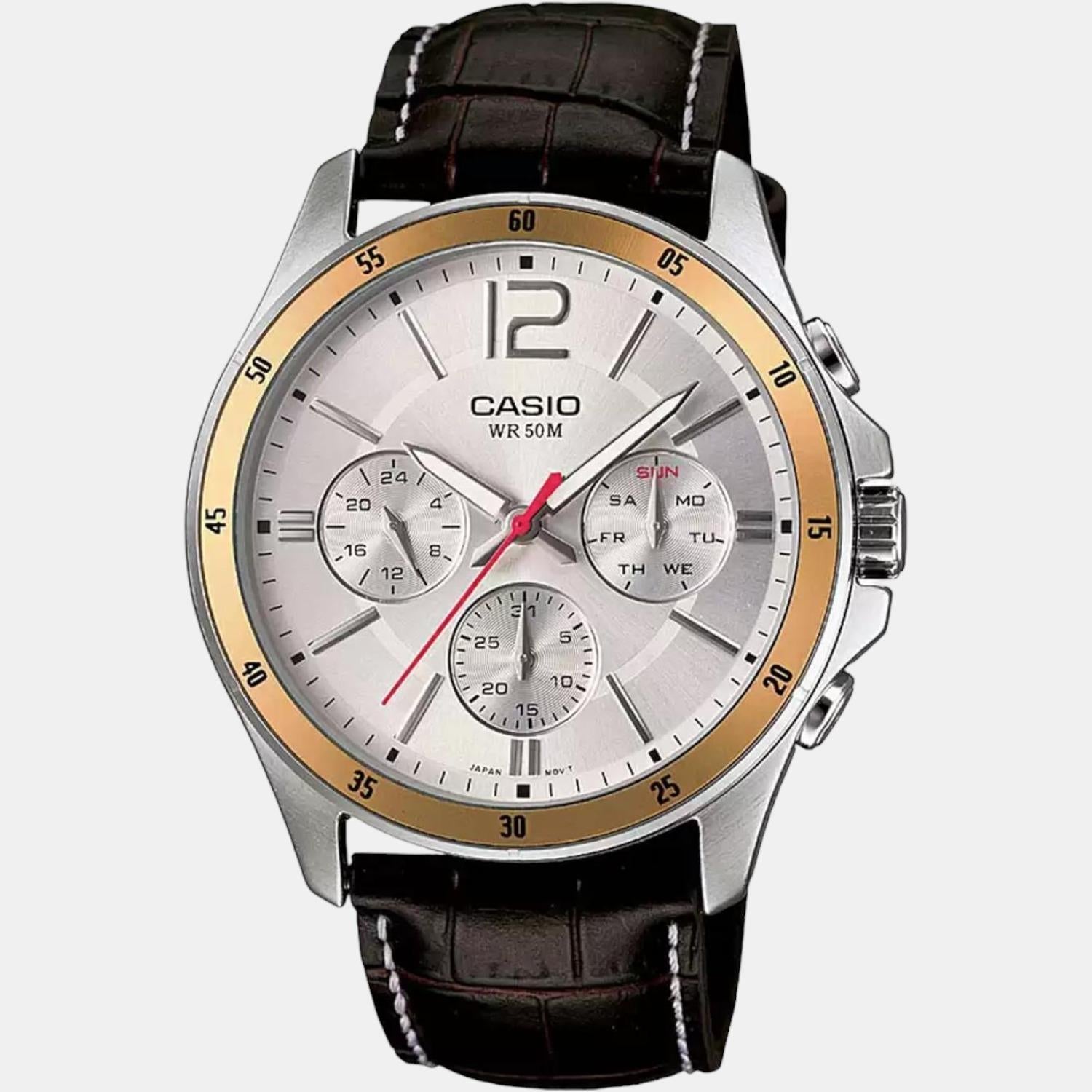 Enticer Men Quartz Silver Dial Chronograph Leather Watch A835