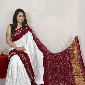 Heavy Ghazi Silk White Concept Bandhani Saree