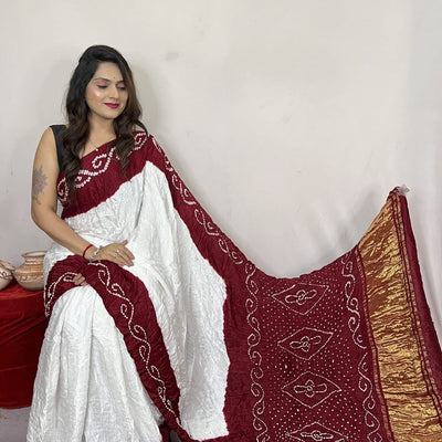 Heavy Ghazi Silk White Concept Bandhani Saree