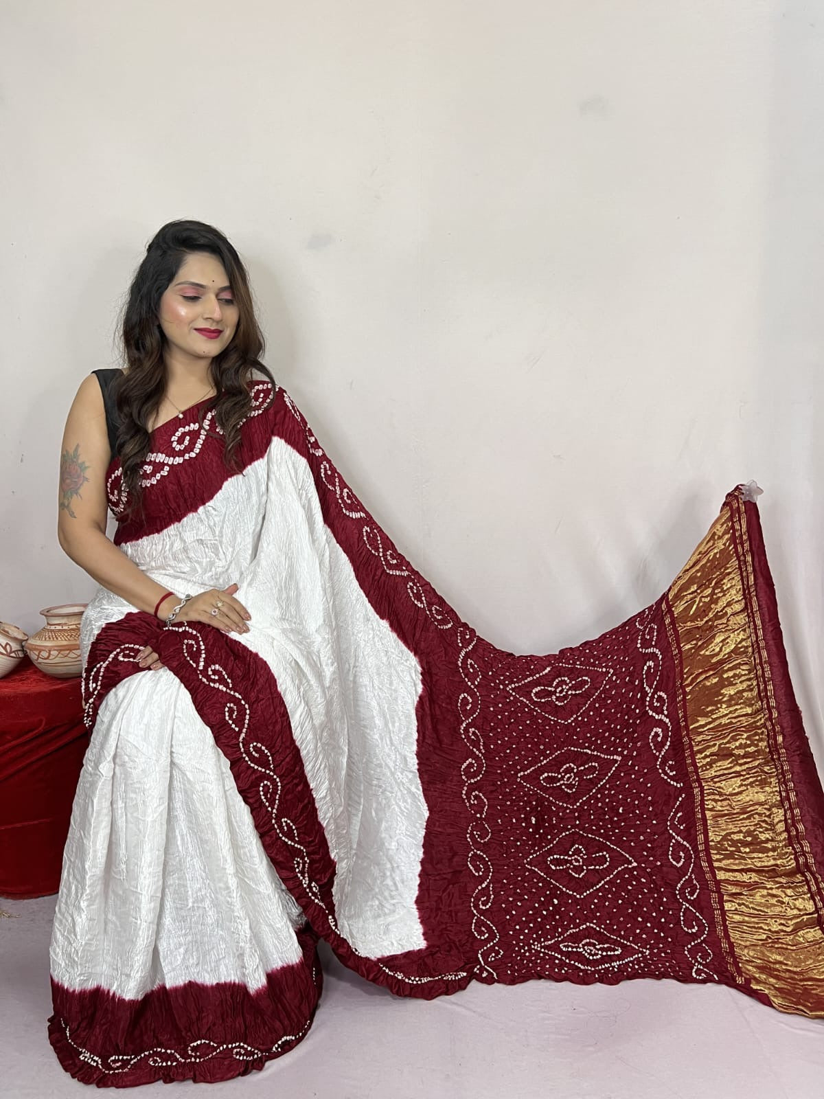Heavy Ghazi Silk White Concept Bandhani Saree