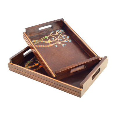 Brown - Chriping Birds Handcrafted Serving Tray (Set of 2)