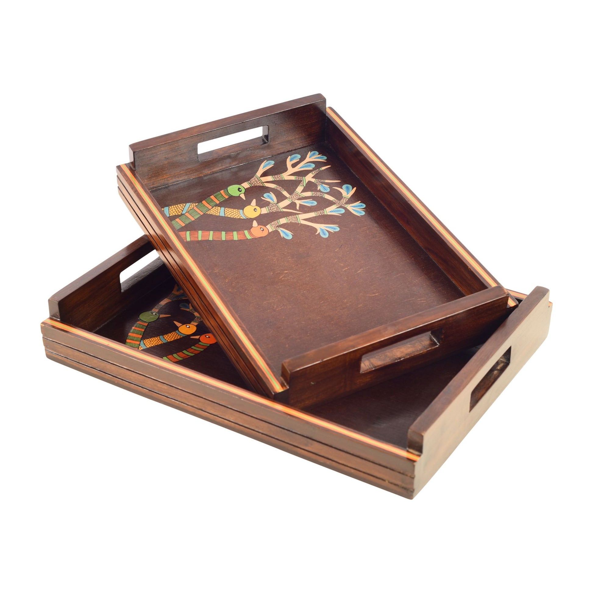 Brown - Chriping Birds Handcrafted Serving Tray (Set of 2)