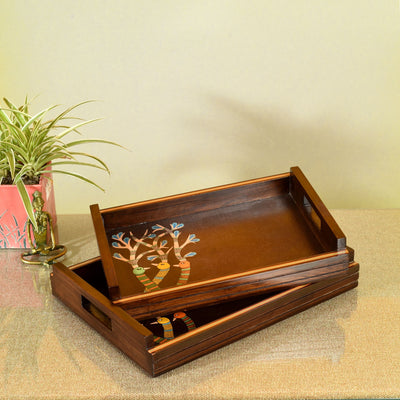 Brown - Chriping Birds Handcrafted Serving Tray (Set of 2)