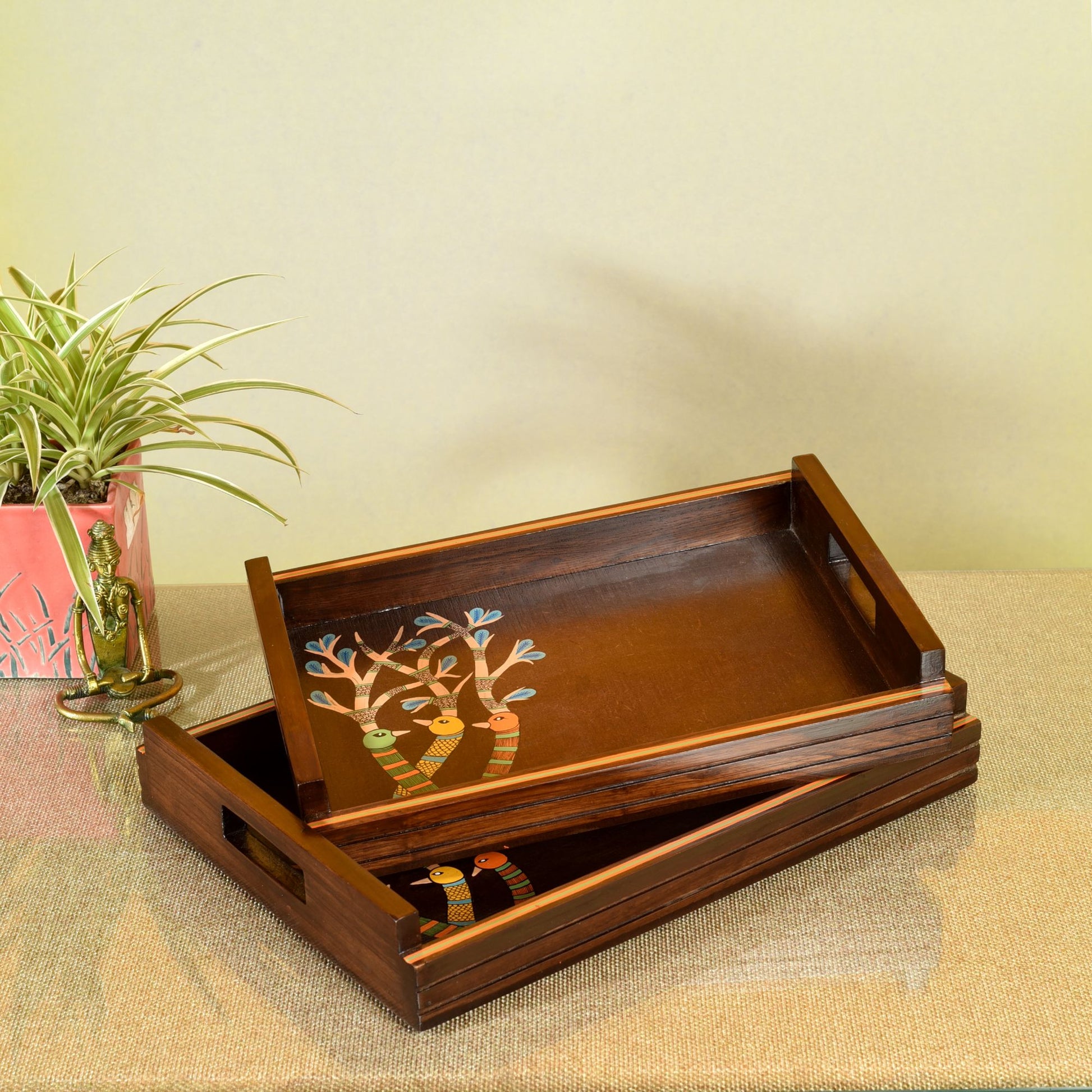 Brown - Chriping Birds Handcrafted Serving Tray (Set of 2)