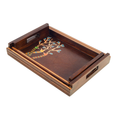 Brown - Chriping Birds Handcrafted Serving Tray (Set of 2)