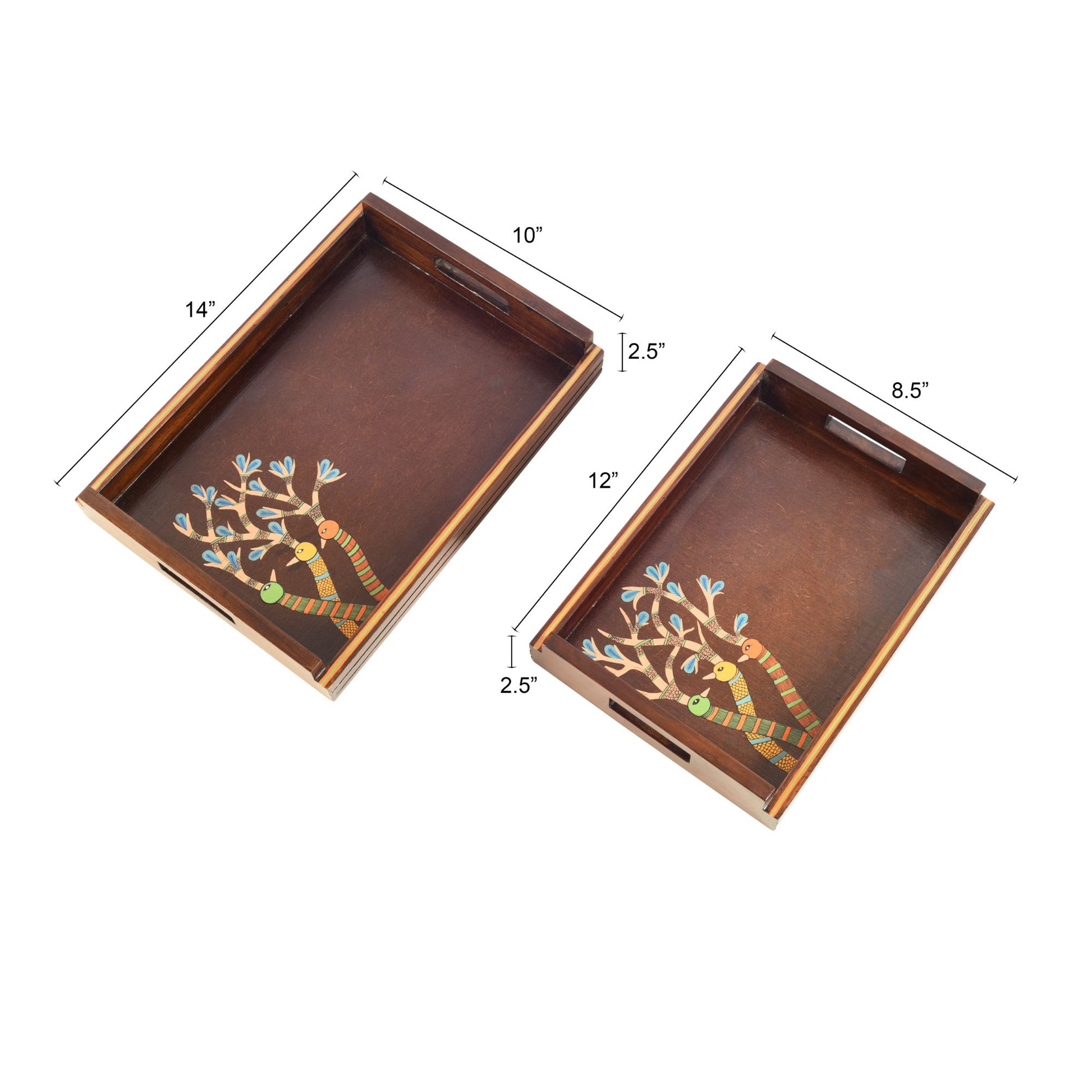 Brown - Chriping Birds Handcrafted Serving Tray (Set of 2)